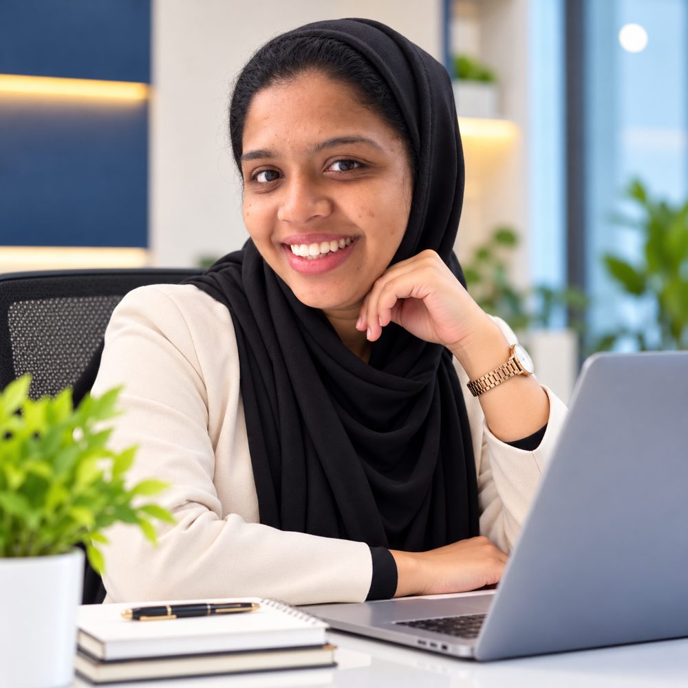 Muhsina, freelance digital marketer in Abu Dhabi, working on a laptop